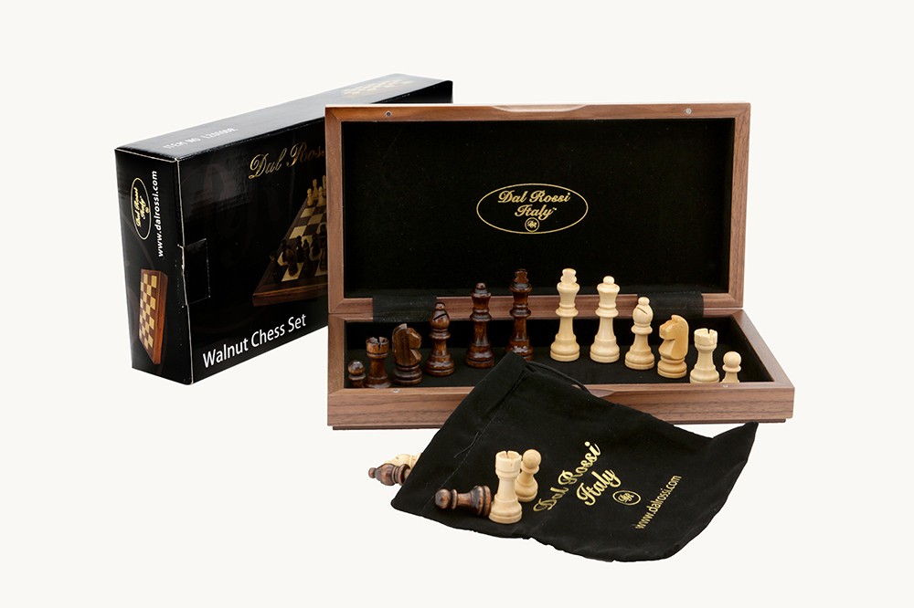 Dal Rossi Chess Set, folding, walnut inlaid, 12"