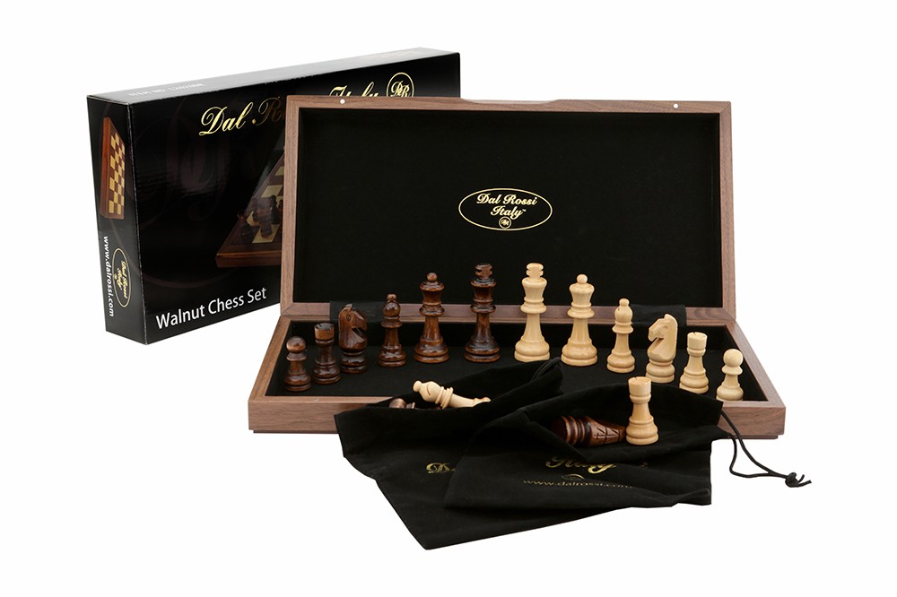 Dal Rossi Chess Set, folding, walnut inlaid, 15"