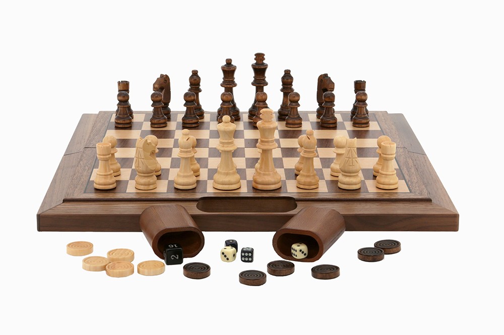 Dal Rossi Chess / Checkers / Backgammon,folding walnut, 16"