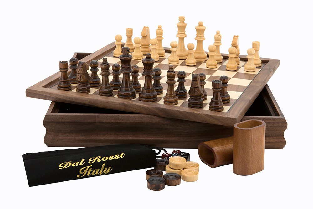 Dal Rossi Chess /Checkers / Backgammon, walnut, flip top board, 14"