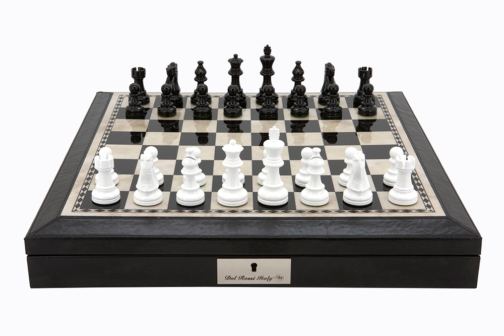 Dal Rossi 18" Chess Set Black and White with PU Leather Edge with compartments and Black and White 85mm Chess Pieces