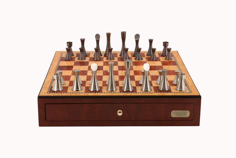 Dal Rossi Italy, Contemporary Chess Set with drawers 18" (Red Mahogany Finish) with Contemporary Pewter Chess Pieces