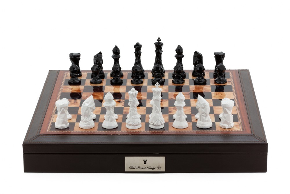 Dal Rossi Italy Brown PU Leather Bevelled Edge chess box with compartments 18" with Diamond-Cut Black & White Finish Chessmen