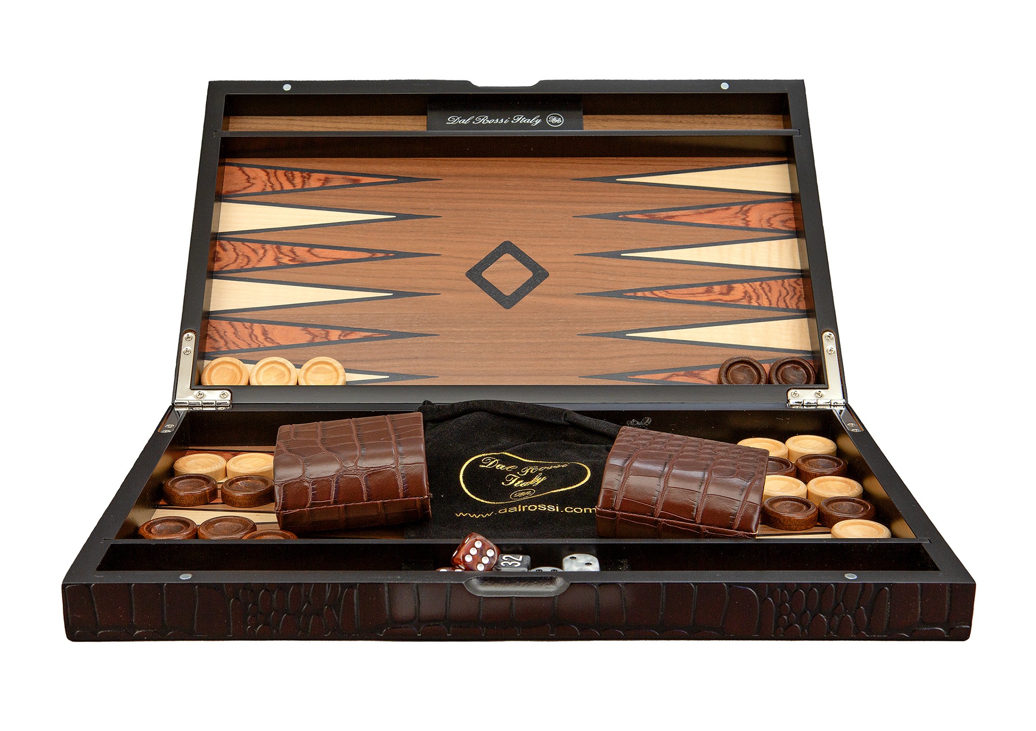 Dal Rossi Wooden Crocodile Engraved Design Backgammon Dark Colour Design Top and Inlaid Wooden Playing Area 15" 