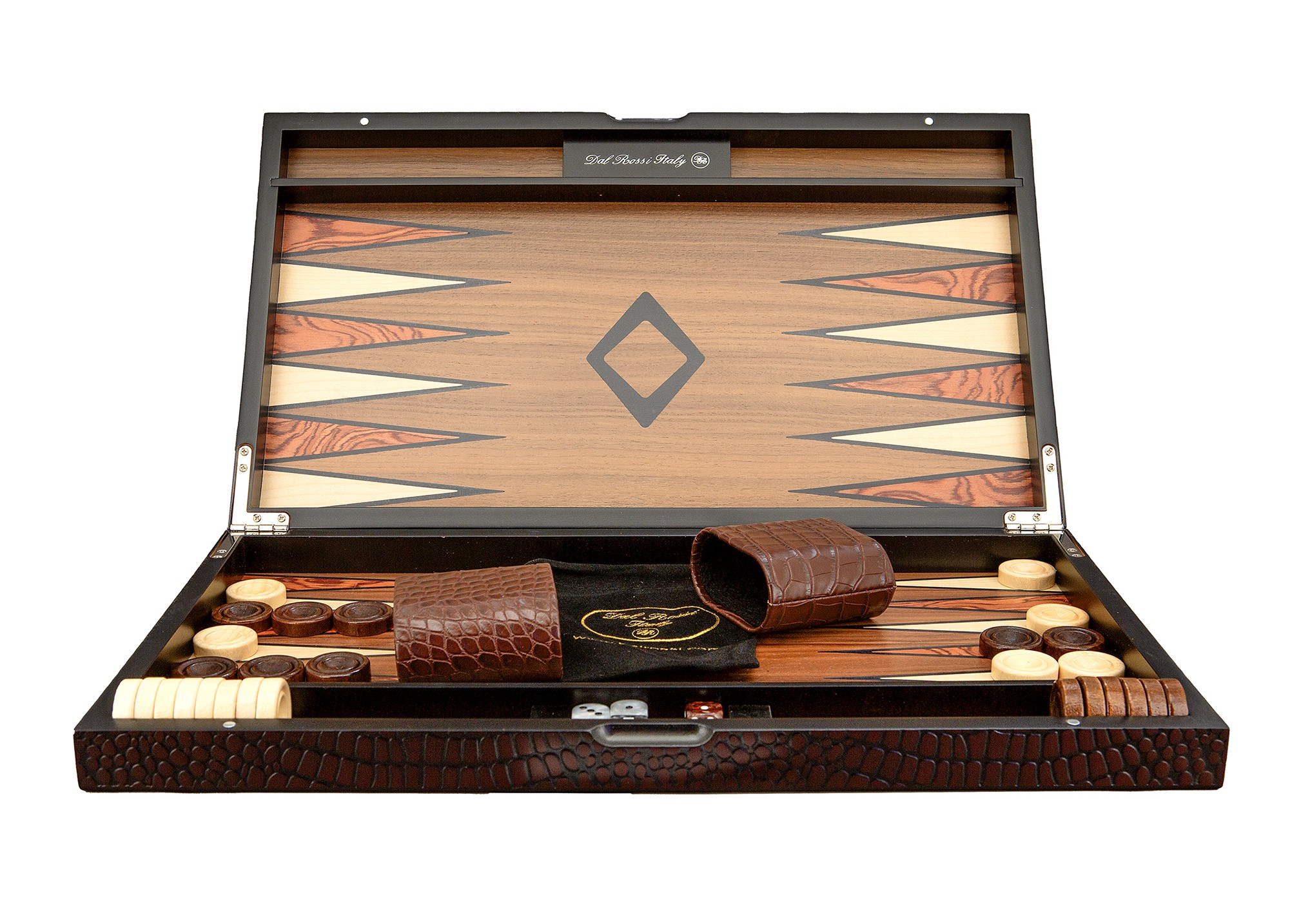 Dal Rossi Wooden Crocodile Engraved Design Backgammon Dark Colour Design Top and Inlaid Wooden Playing Area 18" 