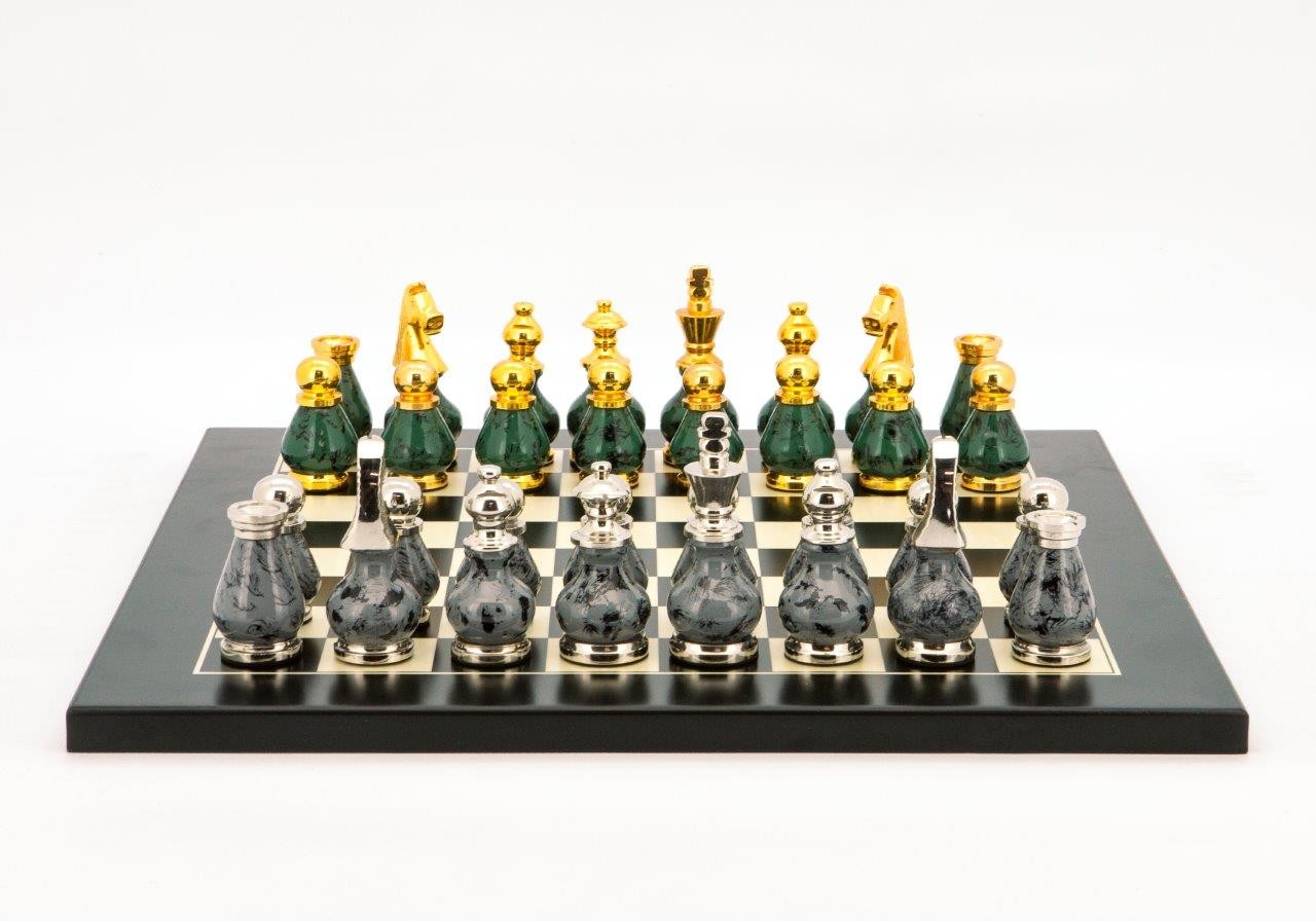 Dal Rossi Italy Chess Set Flat  Black/Erable Board 40cm, With Gray and Green Gold and Silver Metal Tops and Bottoms Chess Pieces 90mm