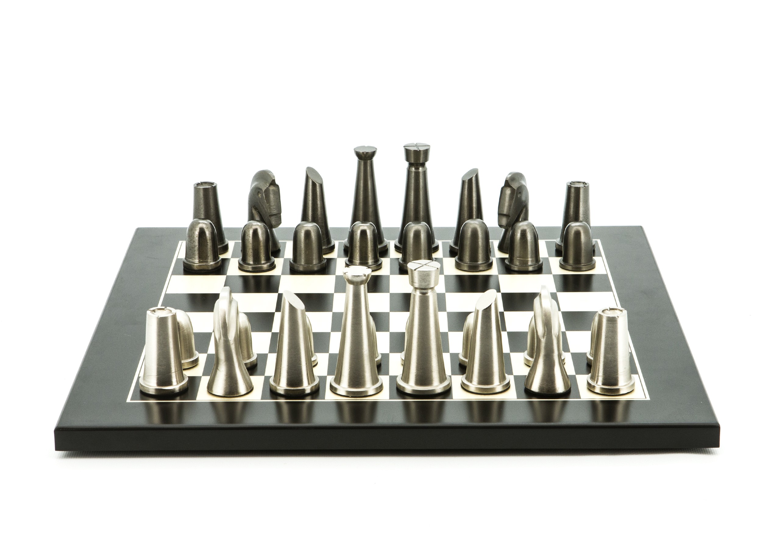 Dal Rossi Italy Chess Set Flat  Black/Erable Board 40cm, With Metal Dark Titanium and Silver chessmen 85mm