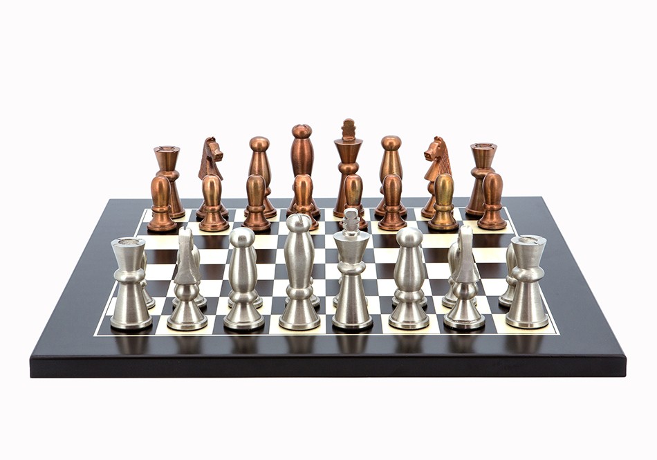 Dal Rossi Italy Chess Set Flat  Black/Erable Board 40cm, With Copper & Silver Weighted Metal 85mm Chess Pieces