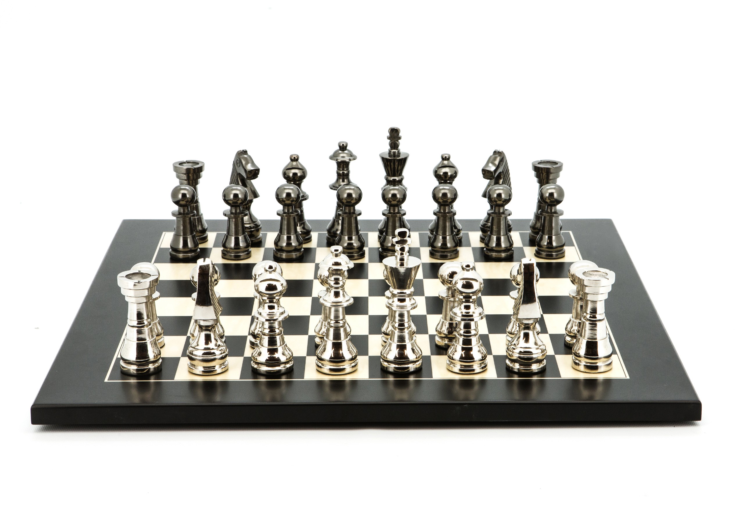 Dal Rossi Italy Chess Set Flat  Black/Erable Board 50cm, With Metal Dark Titanium and Silver chessmen 115mm