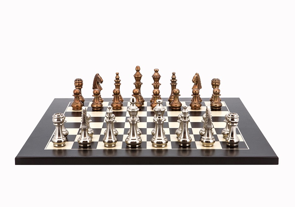 Dal Rossi Italy Chess Set Flat  Black/Erable Board 50cm, With Copper & Silver Weighted Metal 100mm Chess Pieces