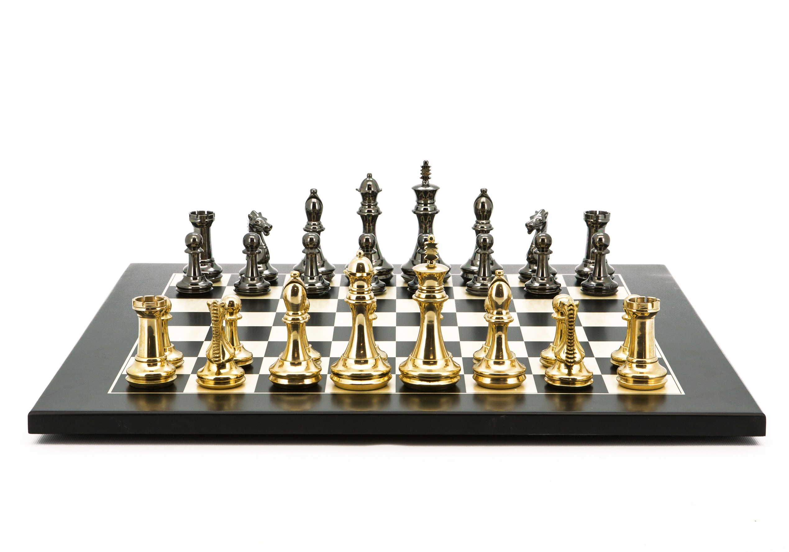 Dal Rossi Italy Chess Set Black Erable Board 50cm, With Very Heavy Brass Staunton Gold and Silver chessmen 110mm