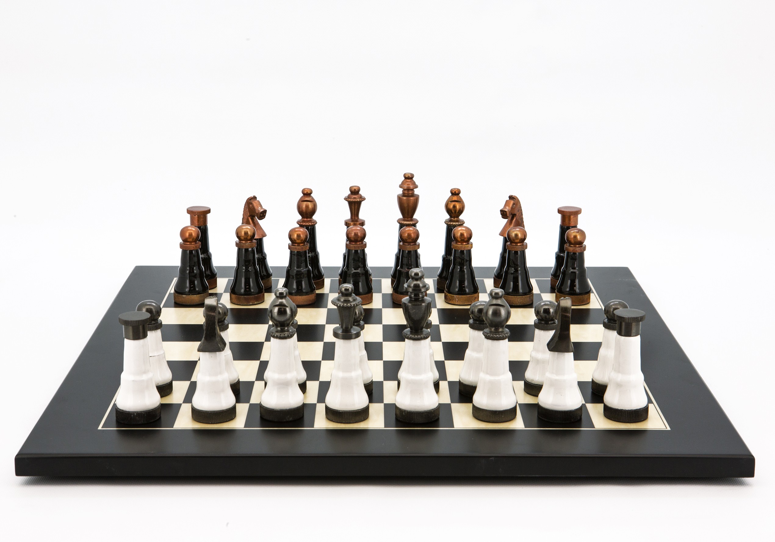 Dal Rossi Italy Chess Set Flat  Black/Erable Board 50cm, With Black and White with Copper and Gun Metal Gray Tops and Bottoms Chess Pieces 110mm 
