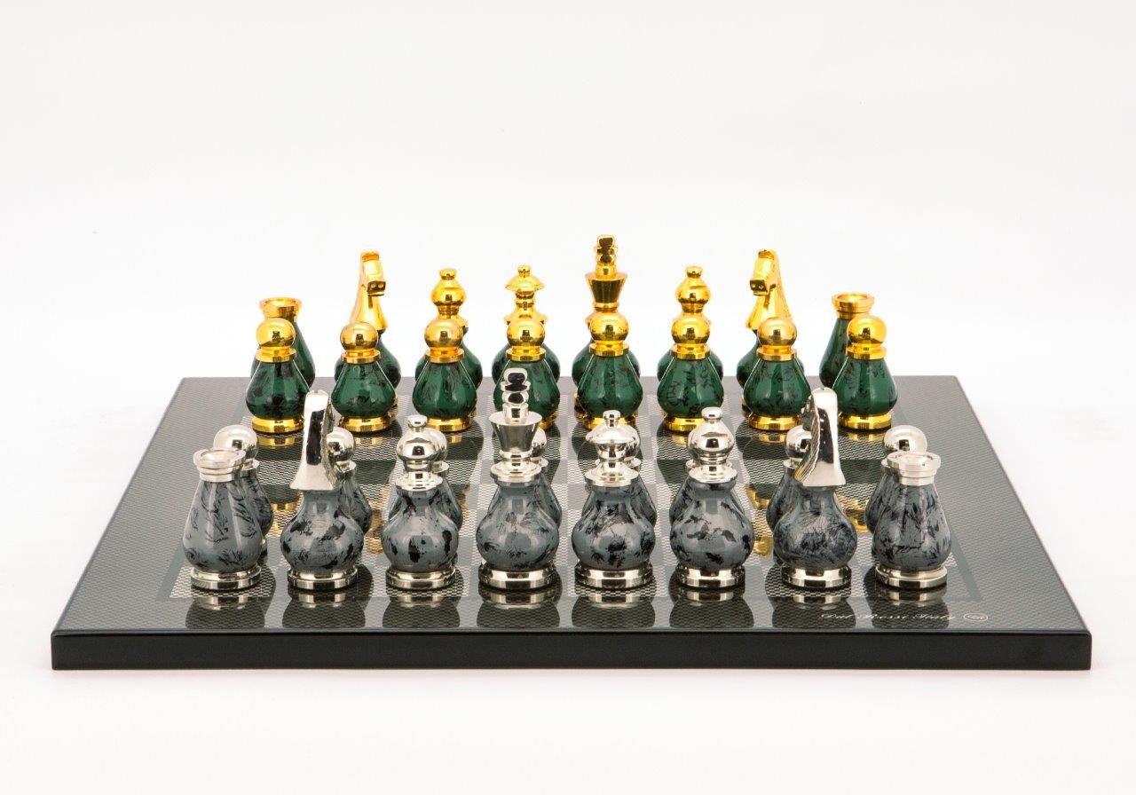 Dal Rossi Italy Chess Set Carbon Fibre Finish Flat Board 40cm, With Gray and Green Gold and Silver Metal Tops and Bottoms Chess Pieces 90mm