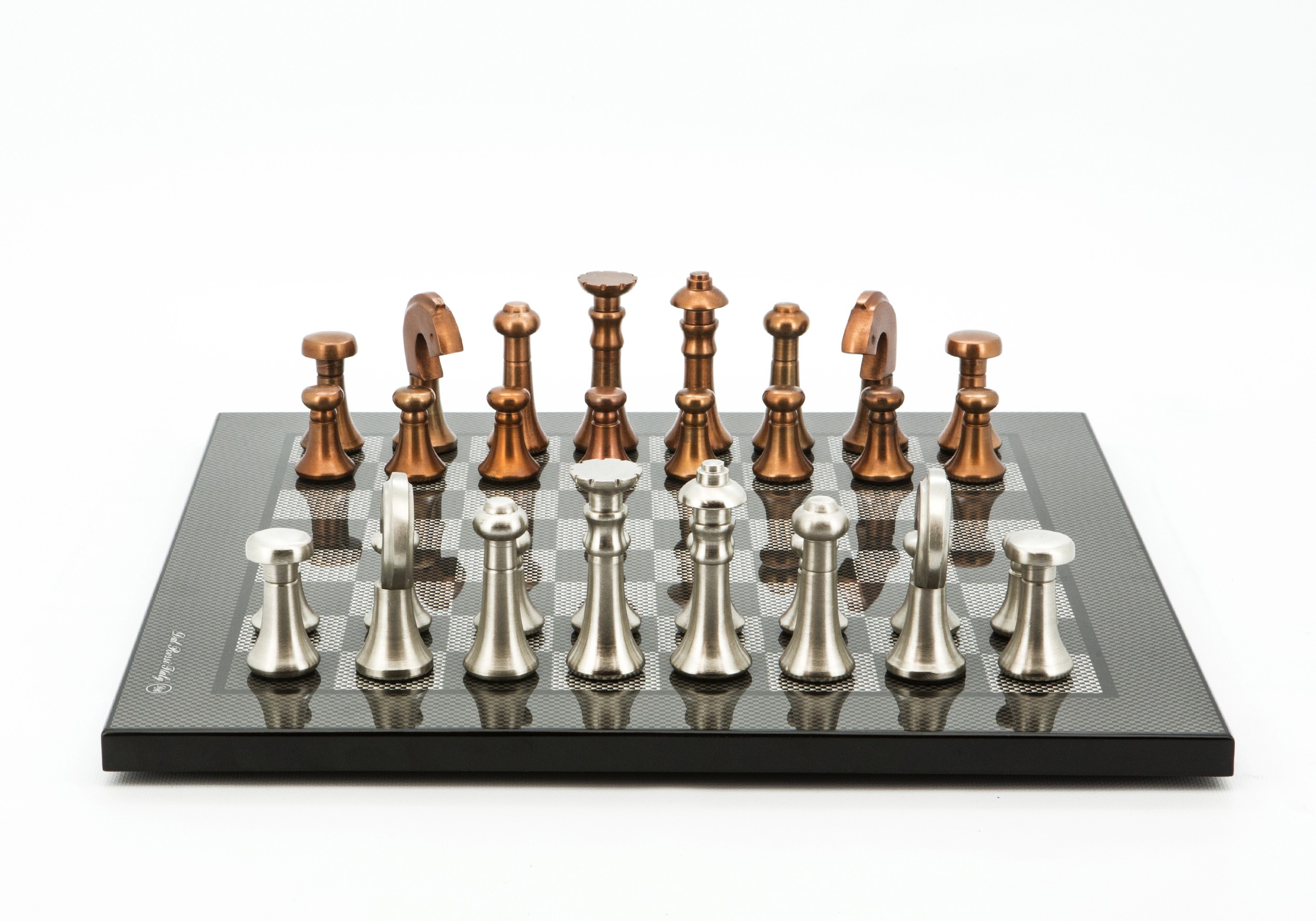 Dal Rossi Italy Chess Set Flat  Carbon Fibre Finish Board 40cm, With Metal Copper and silver Chessmen 80mm