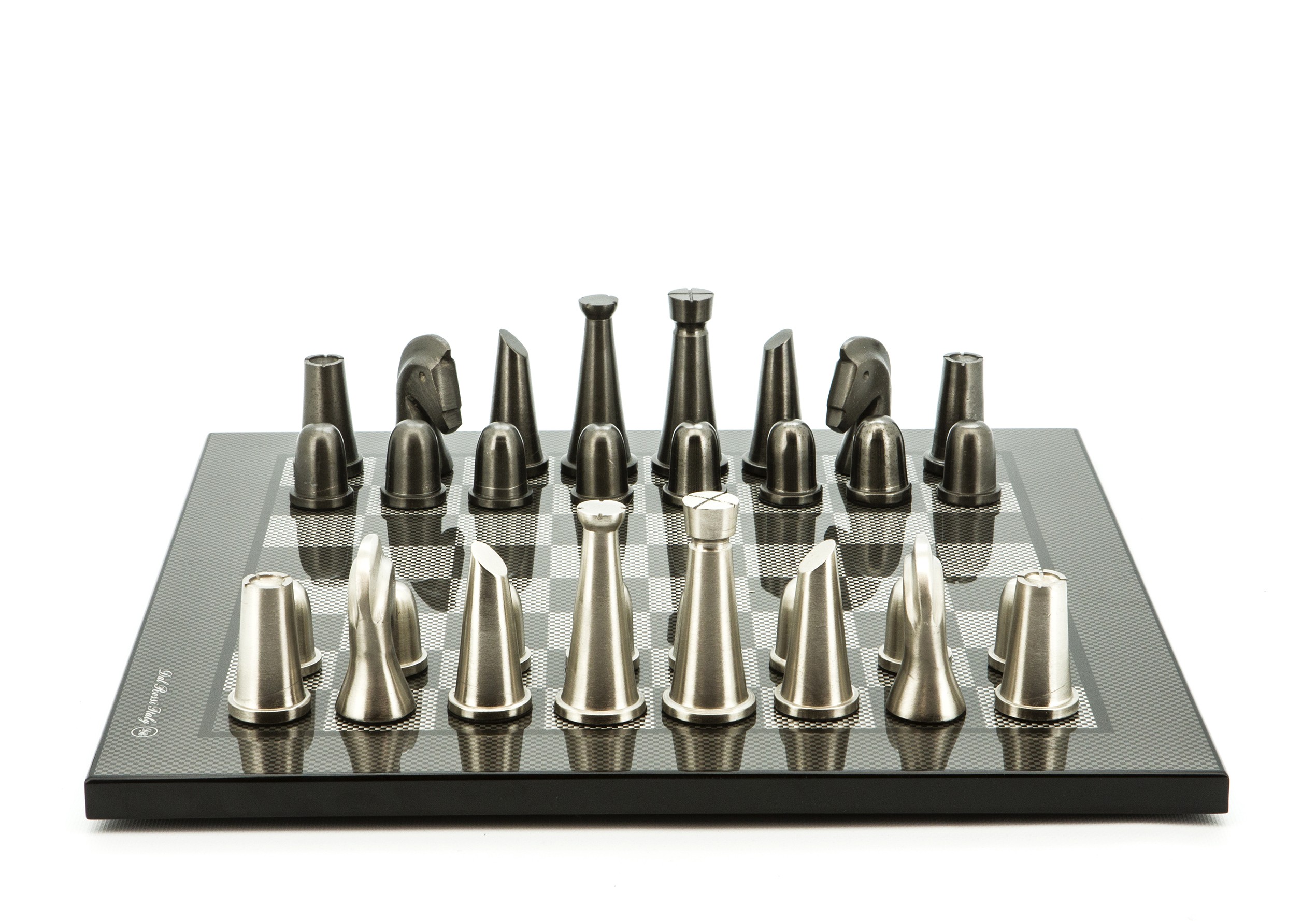 Dal Rossi Italy Chess Set Flat  Carbon Fibre Board 40cm, With Metal Dark Titanium and Silver chessmen 85mm