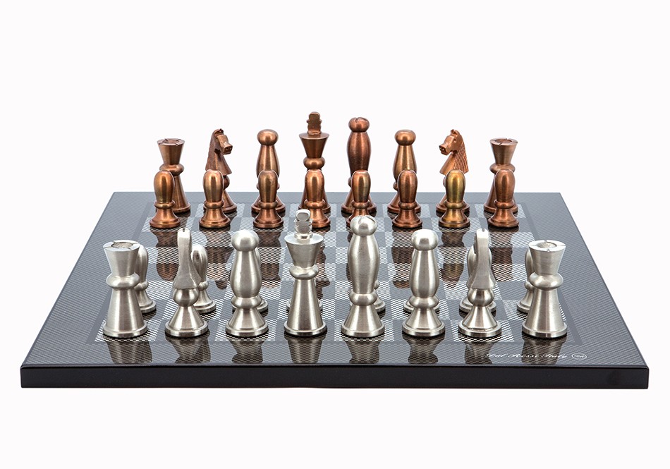 Dal Rossi Italy Chess Set Carbon Fibre Finish Flat Board 40cm, With Copper & Silver Weighted Metal Chess Pieces 85mm pieces