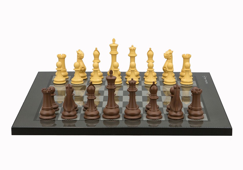 Dal Rossi Italy Chess Set Flat  Carbon Fibre Finish Board 40cm, With Queens Gambit Chessmen 90mm
