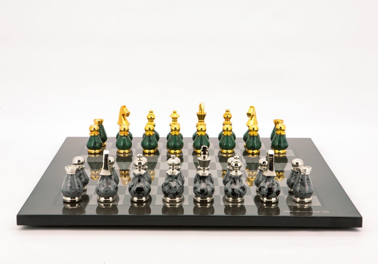 Dal Rossi Italy Chess Set Carbon Fibre Finish Flat Board 50cm, With Gray and Green Gold and Silver Metal Tops and Bottoms Chess Pieces 90mm