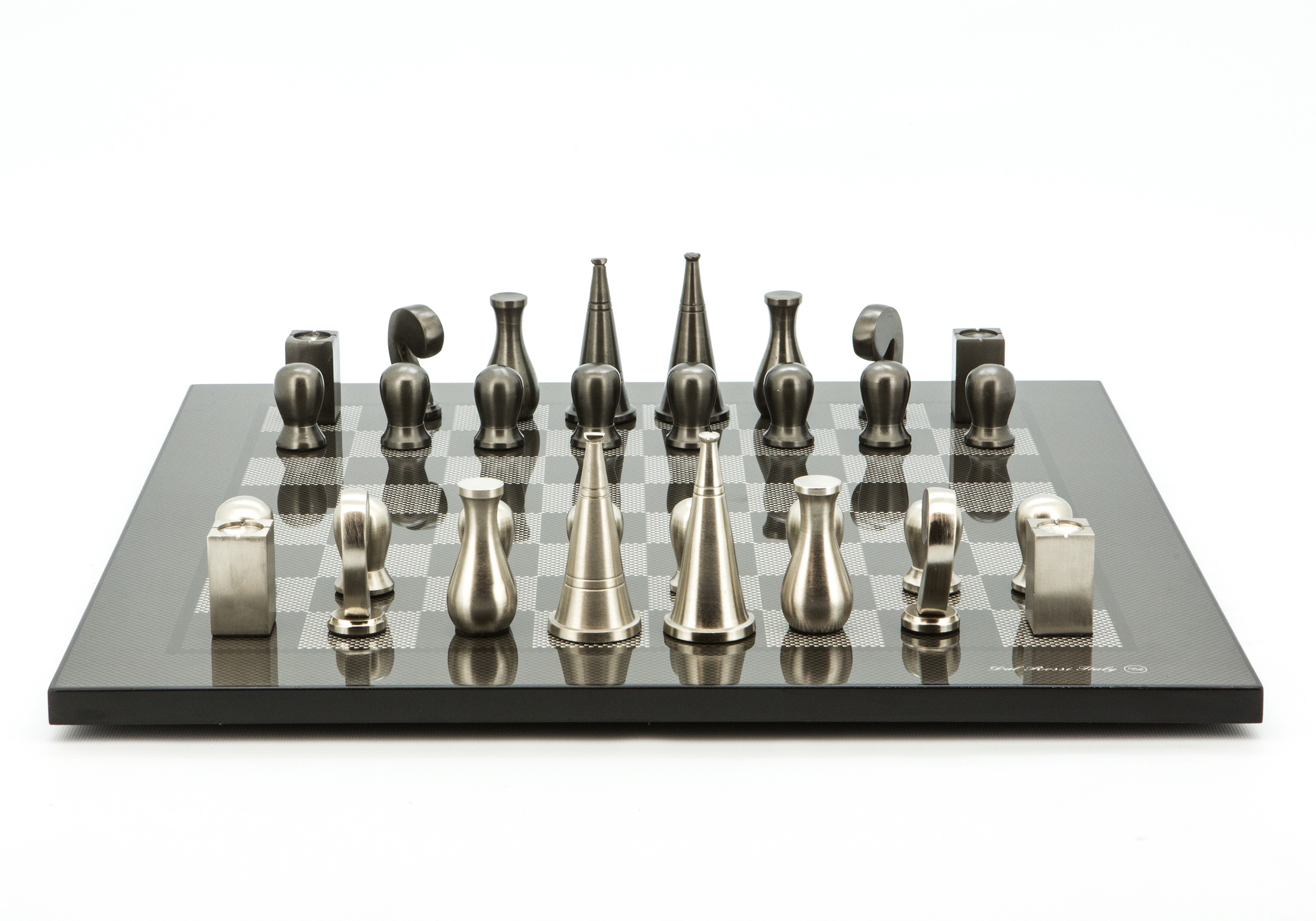 Dal Rossi Italy Chess Set Carbon Fibre Finish Flat Board 50cm, With Metal Dark Titanium and Silver 90mm Chessmen
