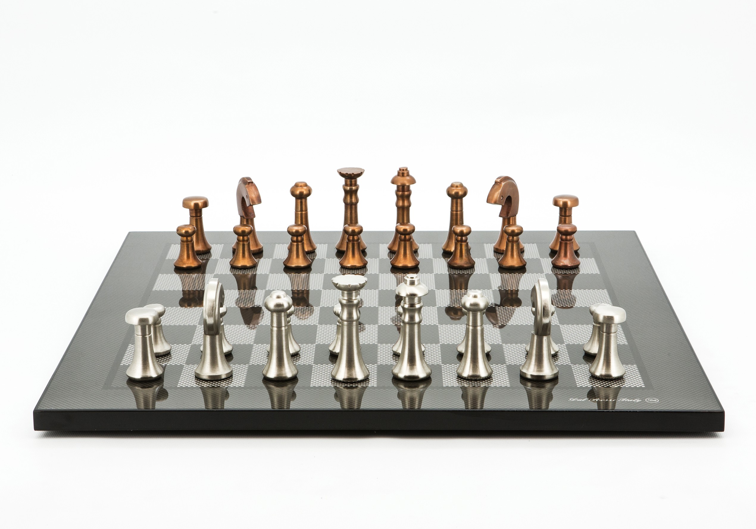 Dal Rossi Italy Chess Set Flat  Carbon Fibre Finish Board 50cm, With Metal Copper and silver Chessmen 80mm