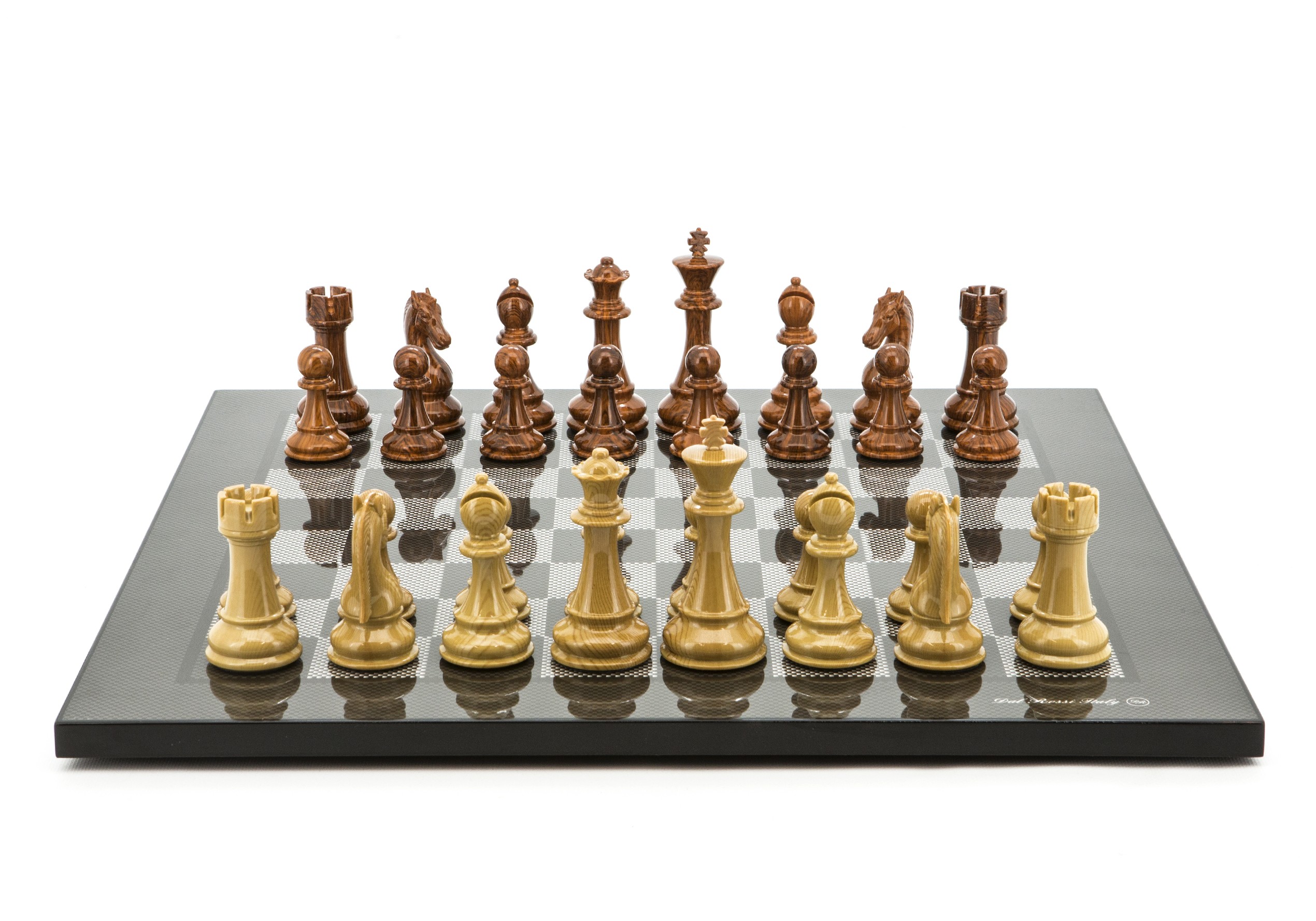 Dal Rossi Italy Chess Set Flat Carbon Fibre Board 50cm, Brown and Box Wood Grain Finish Chess Pieces 110mm