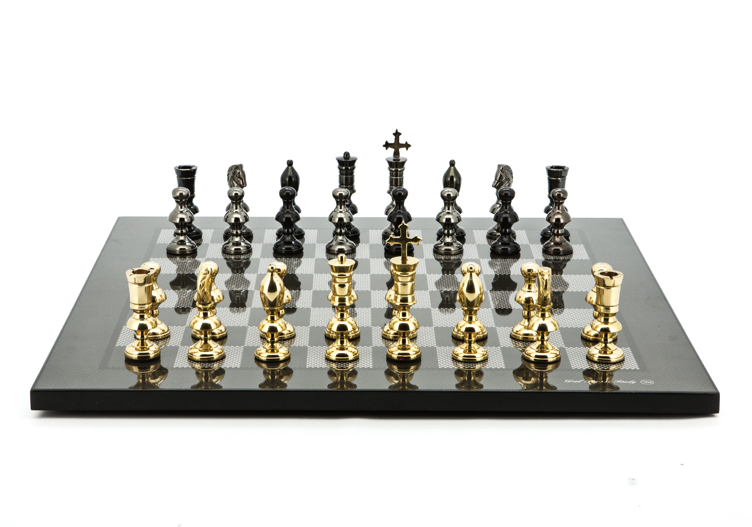 Dal Rossi Italy Chess Set Flat  Carbon Fibre Board 50cm, With Metal Dark Titanium and Gold Chessmen 110mm