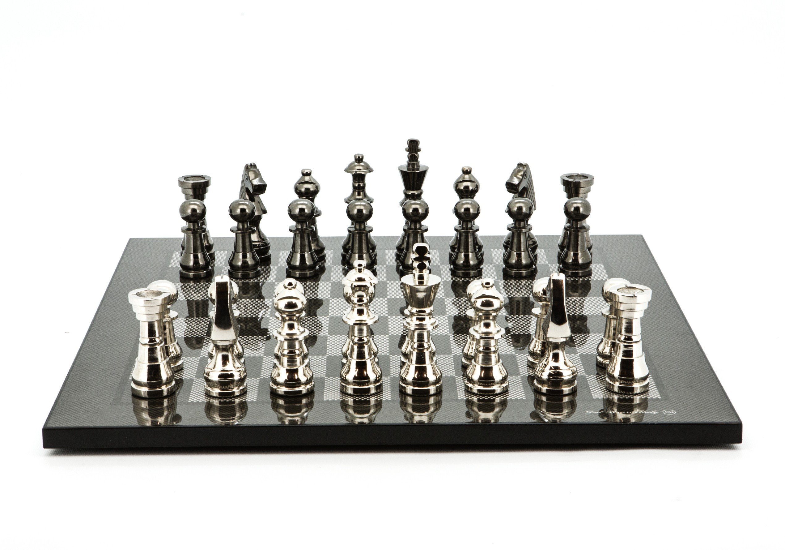 Dal Rossi Italy Chess Set Flat  Carbon Fibre Board 50cm, With Metal Dark Titanium and Silver chessmen 115mm