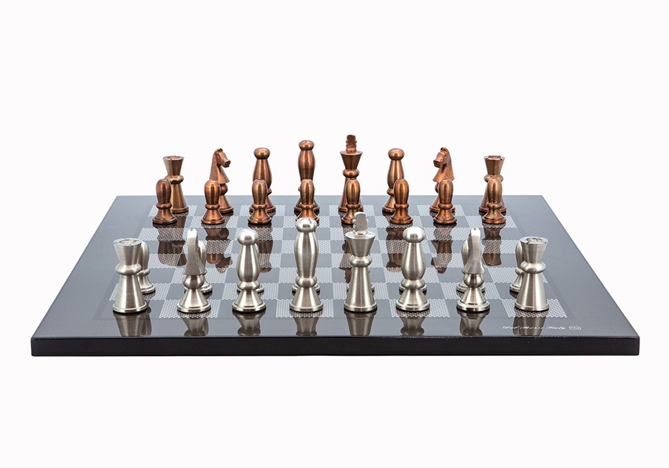 Dal Rossi Italy Chess Set Carbon Fibre Finish Flat Board 50cm, With Copper & Silver Weighted Metal Chess Pieces 85mm pieces