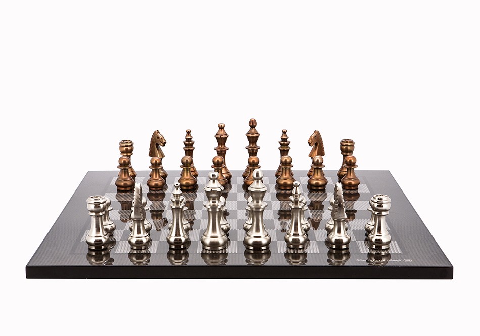 Dal Rossi Italy Chess Set Carbon Fibre Finish Flat Board 50cm, With Copper & Silver Weighted Metal Chess Pieces 100mm pieces