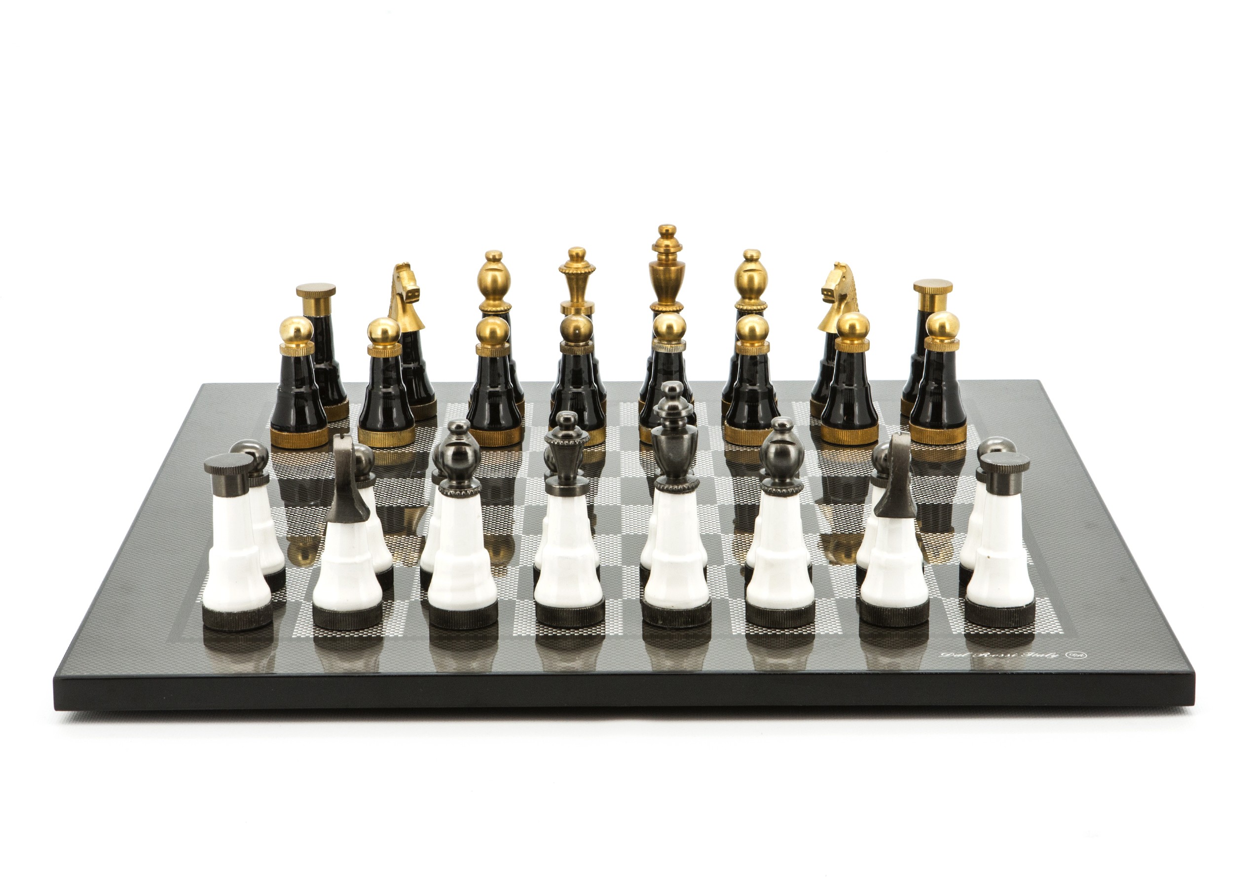 Dal Rossi Italy Chess Set Flat  Carbon Fibre Board 50cm, With Black and White with Gold and Gun Metal Tops and Bottoms Chessmen 110mm
