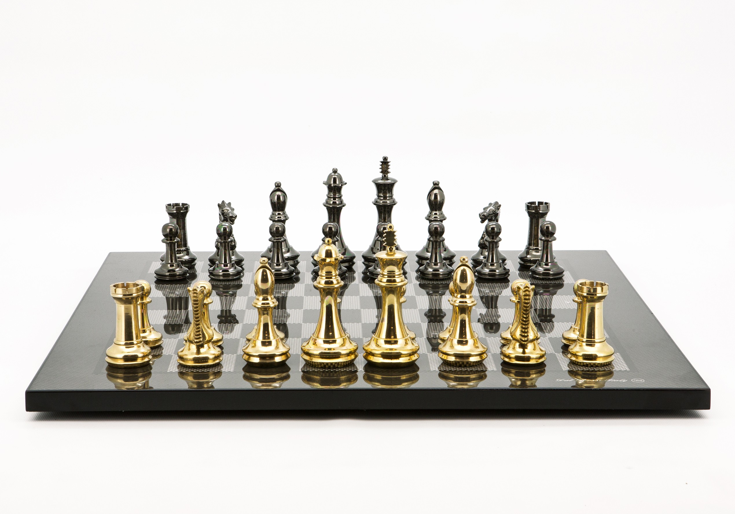 Dal Rossi Italy Chess Set Carbon Fibre Board 50cm, With Very Heavy Brass Staunton Gold and Silver chessmen 110mm