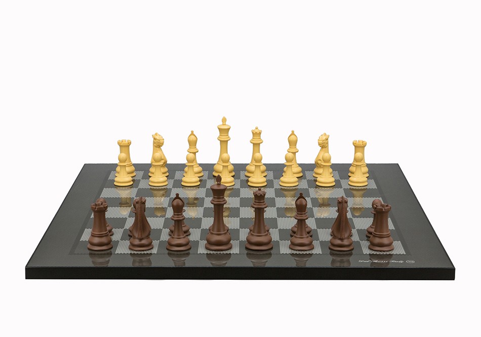 Dal Rossi Italy Chess Set Flat  Carbon Fibre Finish Board 50cm, With Queens Gambit Chessmen 90mm