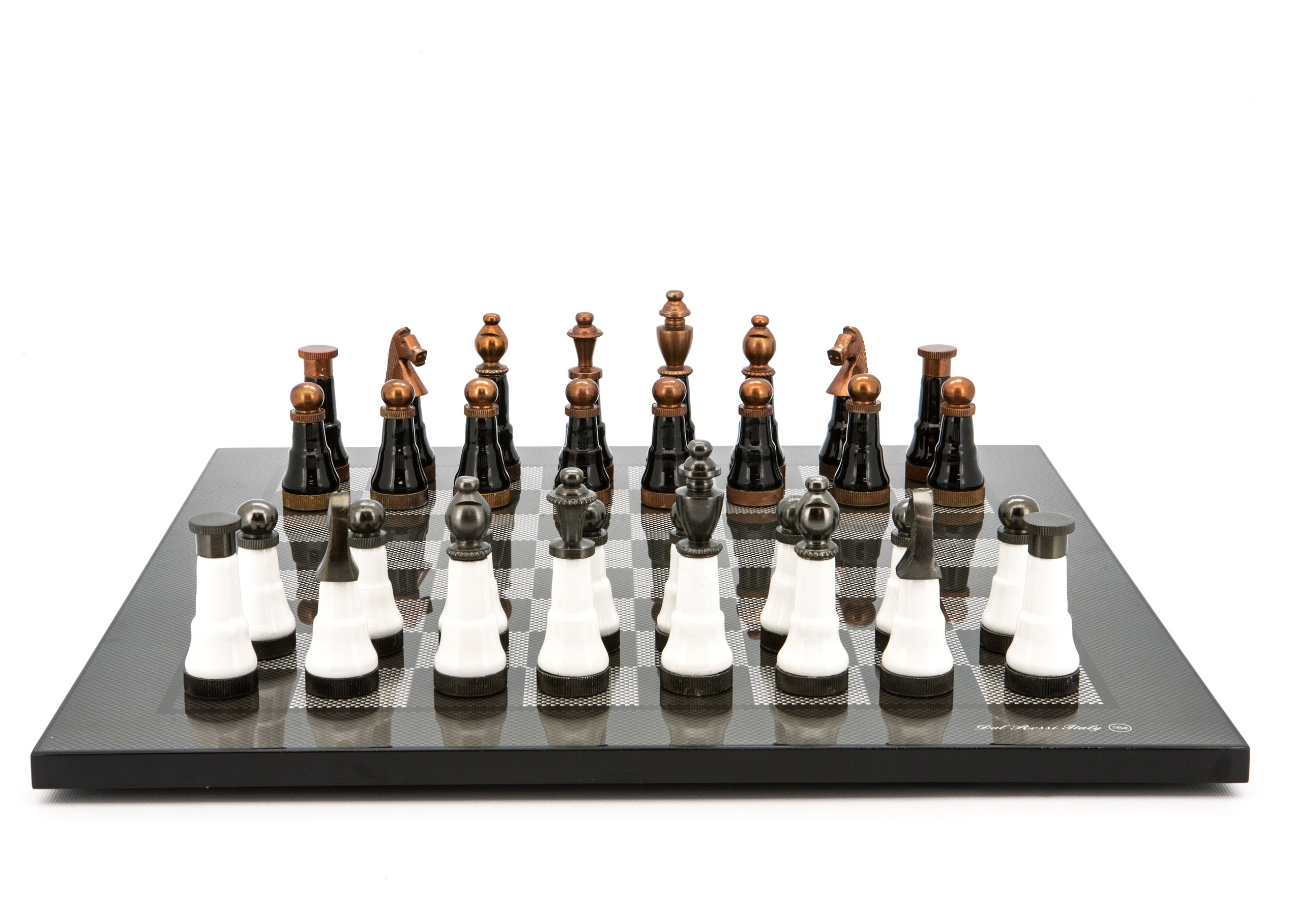 Dal Rossi Italy Chess Set Flat  Carbon Fibre 50cm, With Black and White with Copper and Gun Metal Gray Tops and Bottoms Chess Pieces 110mm 