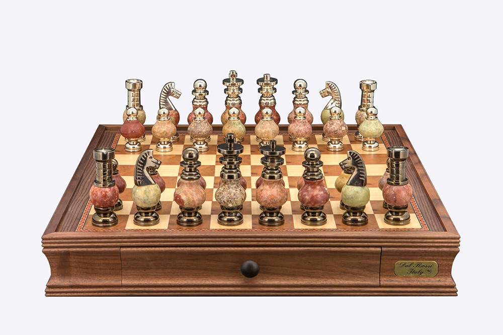 Dal Rossi Italy Chess Set on a 20" Walnut Board & Box with Coloured Stone and  Metal , Silver Chessmen