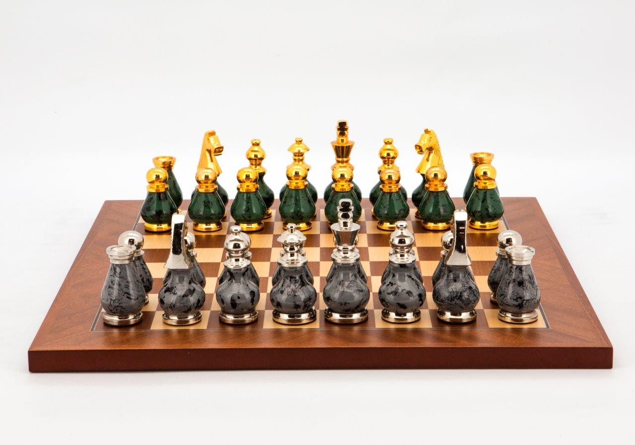 Dal Rossi Italy Chess Set Mahogany Maple Flat Board 40cm, With Gray and Green Gold and Silver Metal Tops and Bottoms Chess Pieces 90mm