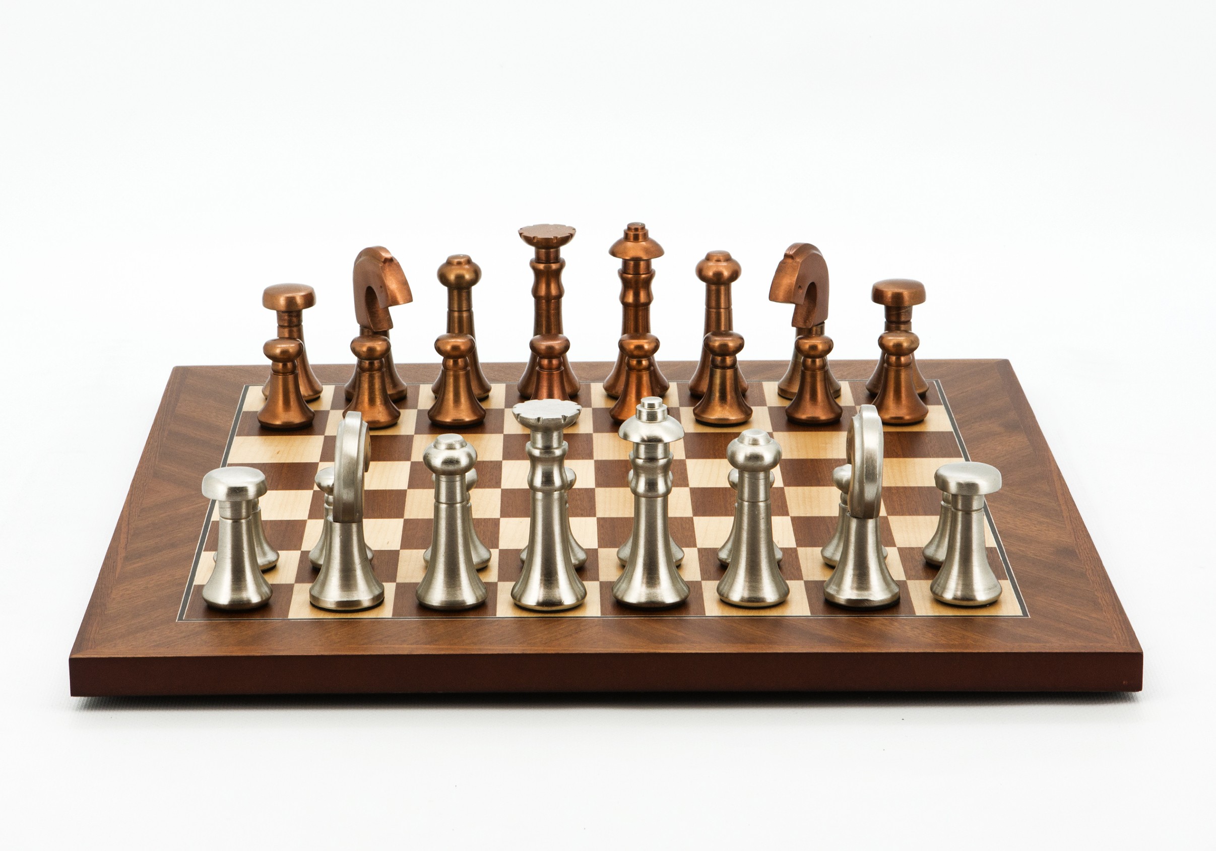 Dal Rossi Italy Chess Set Mahogany Maple Flat Board 40cm, With Metal Copper and silver Chessmen 80mm