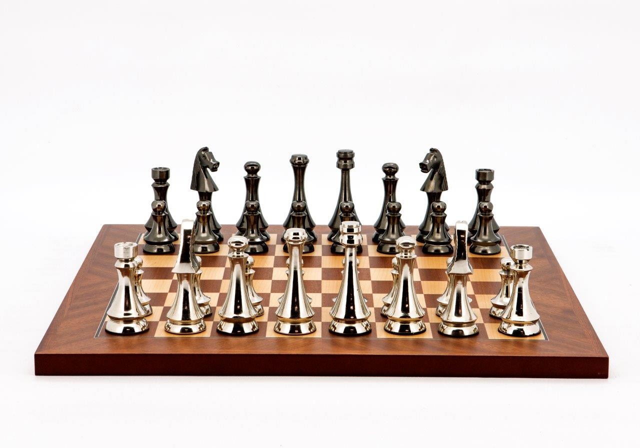 Dal Rossi Italy Chess Set Mahogany Maple Flat Board 40cm, With Metal Dark Titanium and Silver chessmen 85mm
