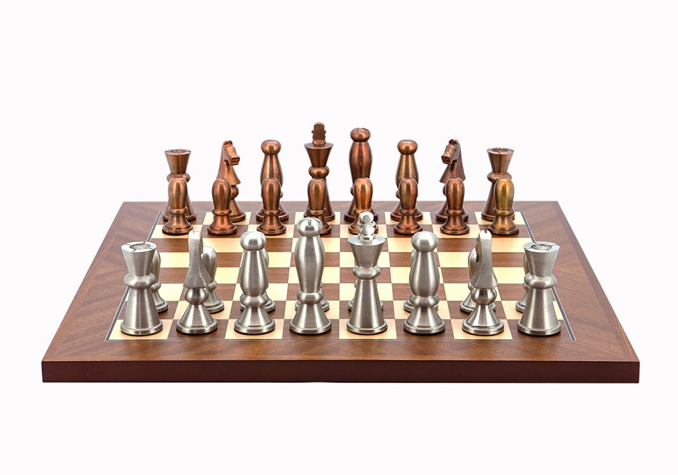 Dal Rossi Italy Chess Set Mahogany Flat Board 40cm, With Copper & Silver Weighted Metal 85mm Chess Pieces