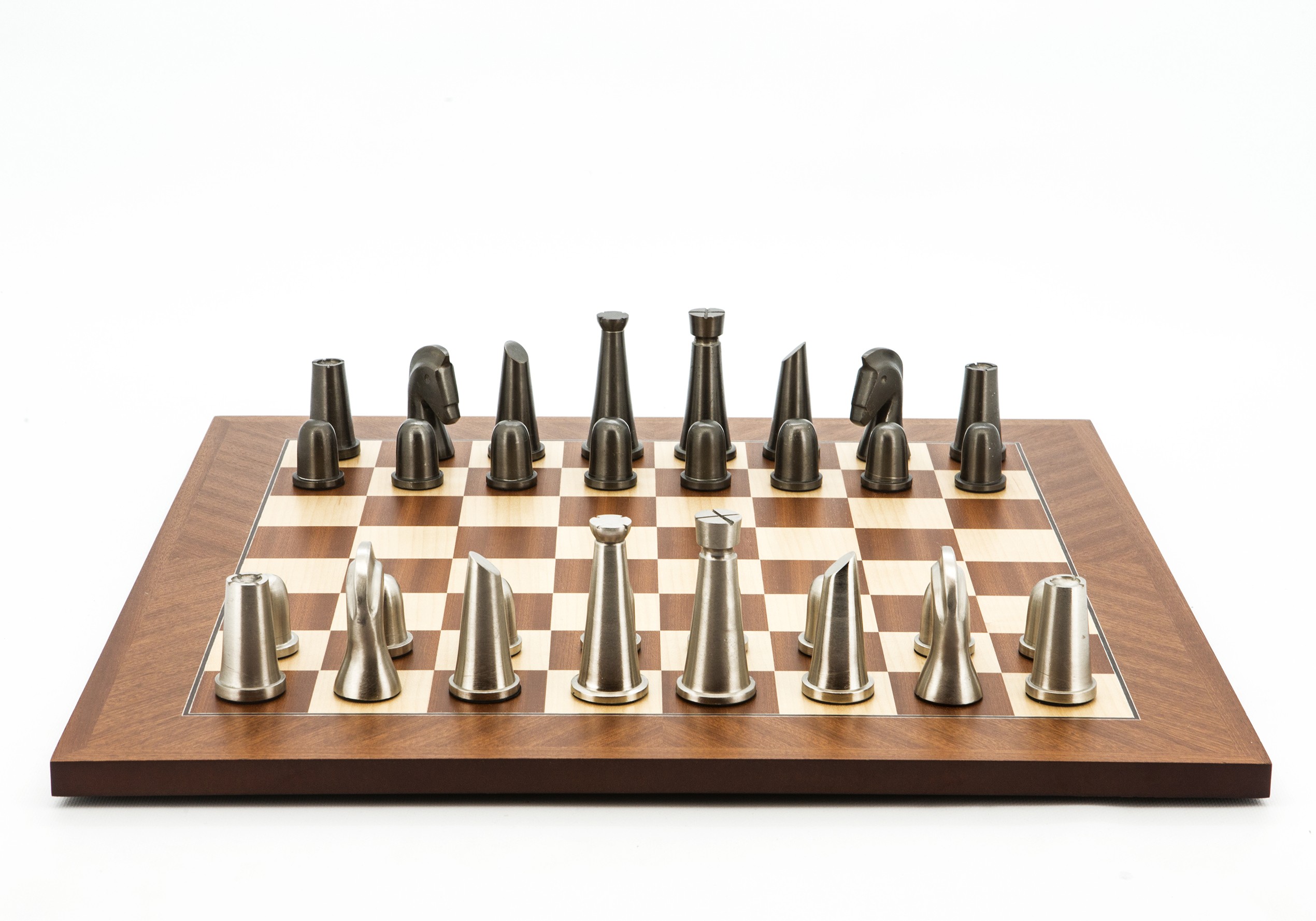 Dal Rossi Italy Chess Set Mahogany Maple Flat Board 50cm, With Metal Dark Titanium and Silver chessmen 85mm