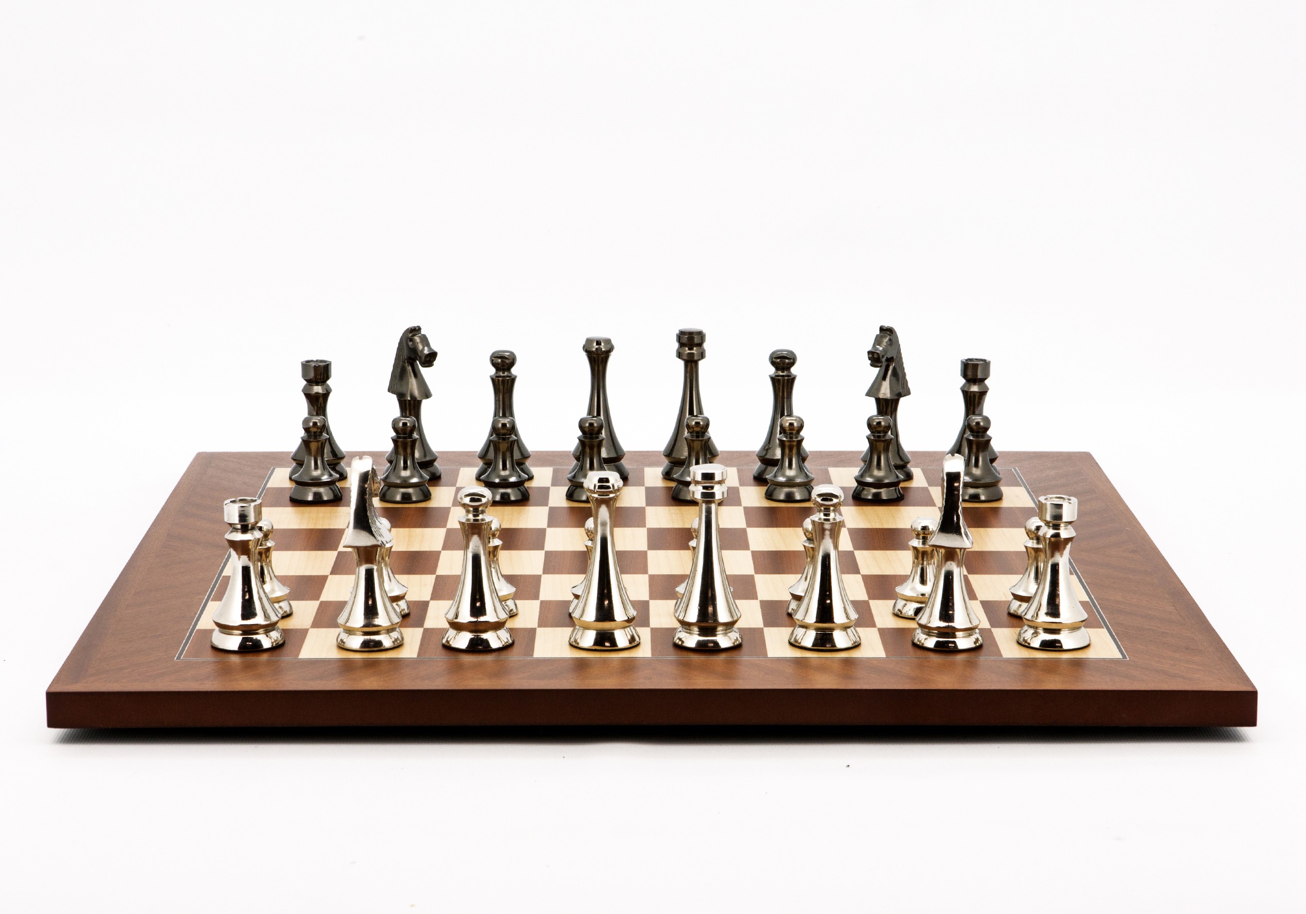 Dal Rossi Italy Chess Set Mahogany Maple Flat Board 50cm, With Metal Dark Titanium and Silver chessmen 85mm