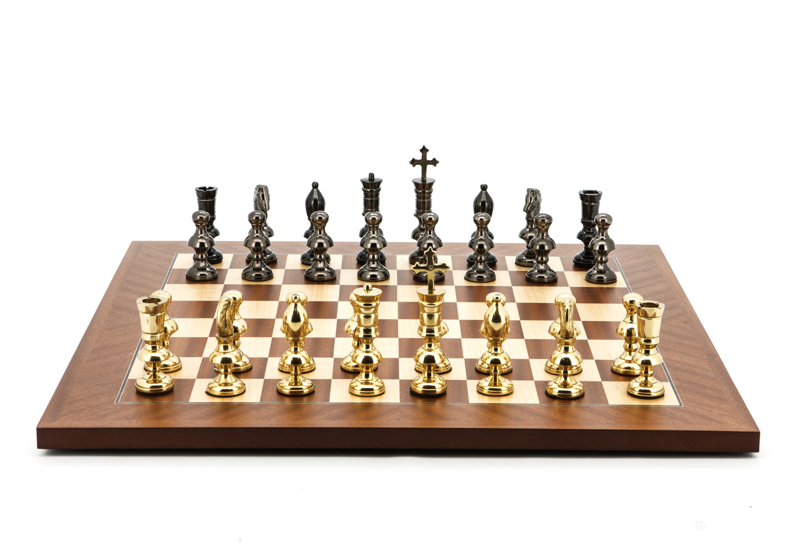 Dal Rossi Italy Chess Set Mahogany Maple Flat Board 50cm, With Metal Dark Titanium and Gold Chessmen 110mm