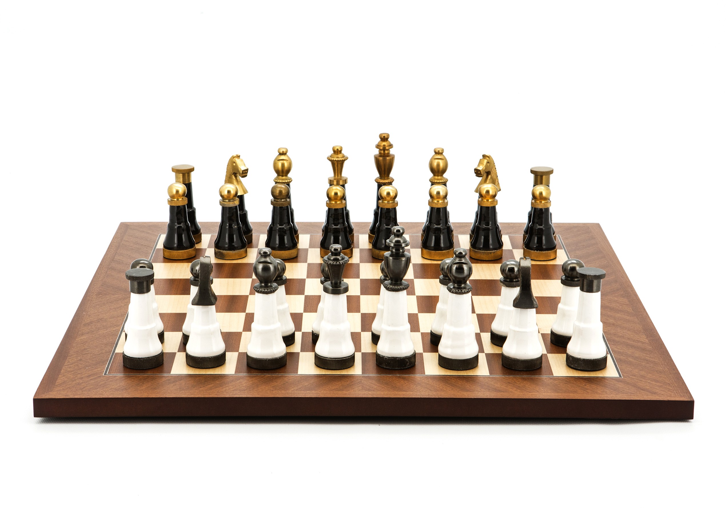 Dal Rossi Italy Chess Set Mahogany Maple Flat Board 50cm, With Black and White with Gold and Gun Metal Tops and Bottoms Chessmen 110mm