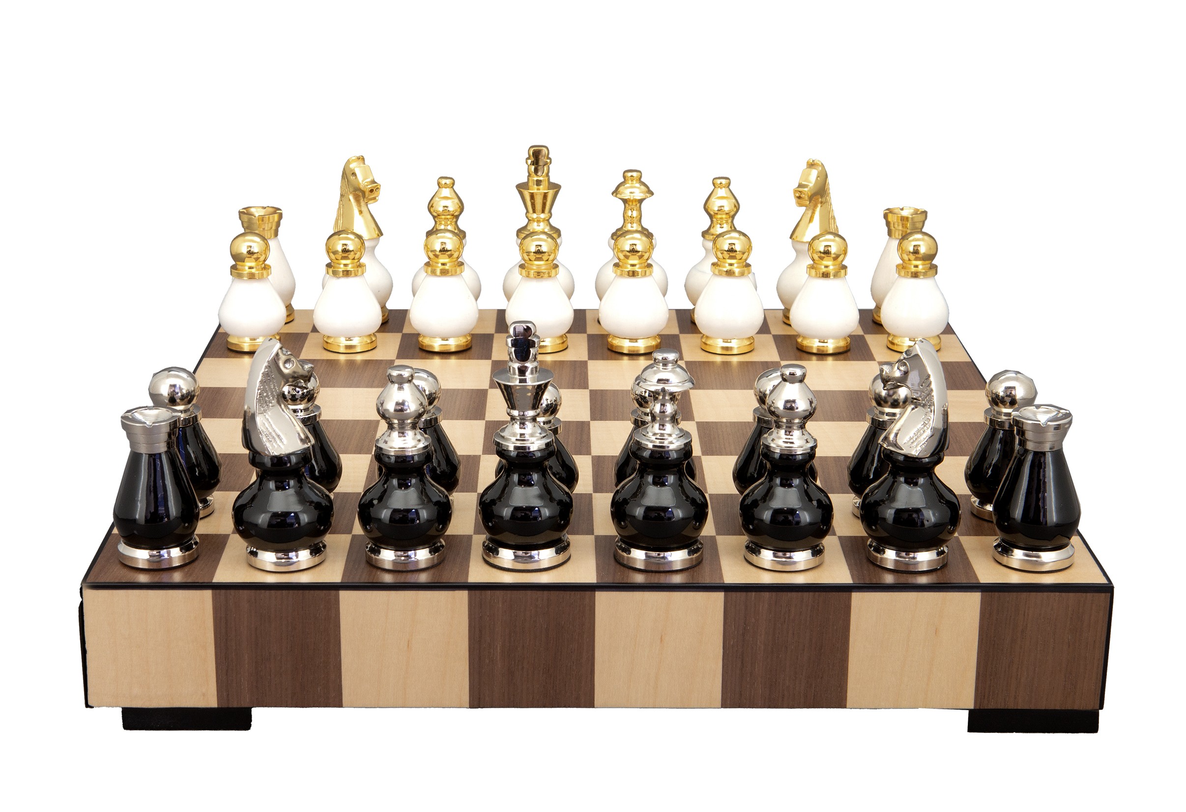 Dal Rossi Italy, Black and White with Gold and Silver Tops and Bottoms Chessmen 90mm on a Chess Set with Drawer 14"