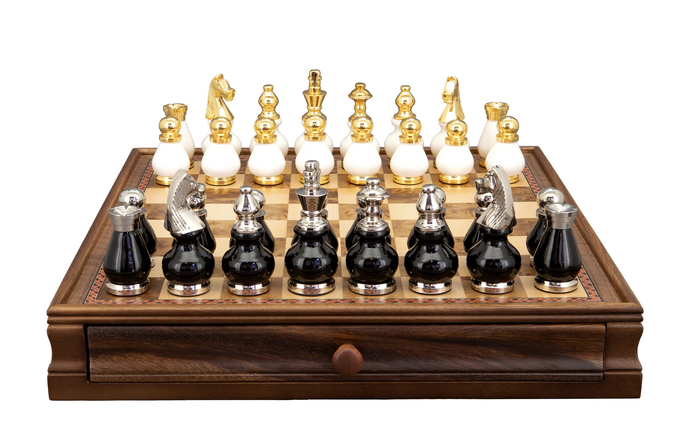 Dal Rossi Italy, Black and White with Gold and Silver Tops and Bottoms Chessmen 90mm on a Walnut Box with Drawer 15"