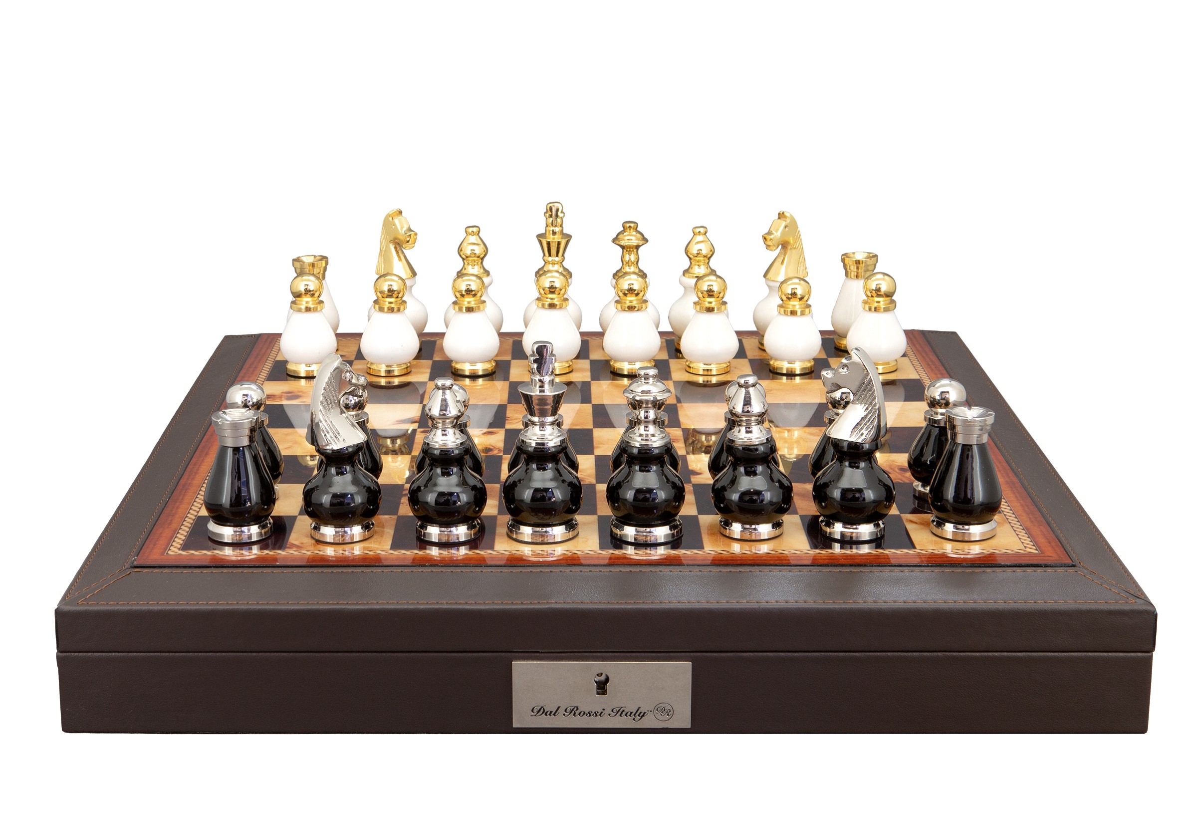 Dal Rossi Italy, Black and White with Gold and Silver Tops and Bottoms Chessmen 90mm on a Brown PU Leather Bevelled Edge chess box with compartments 18"