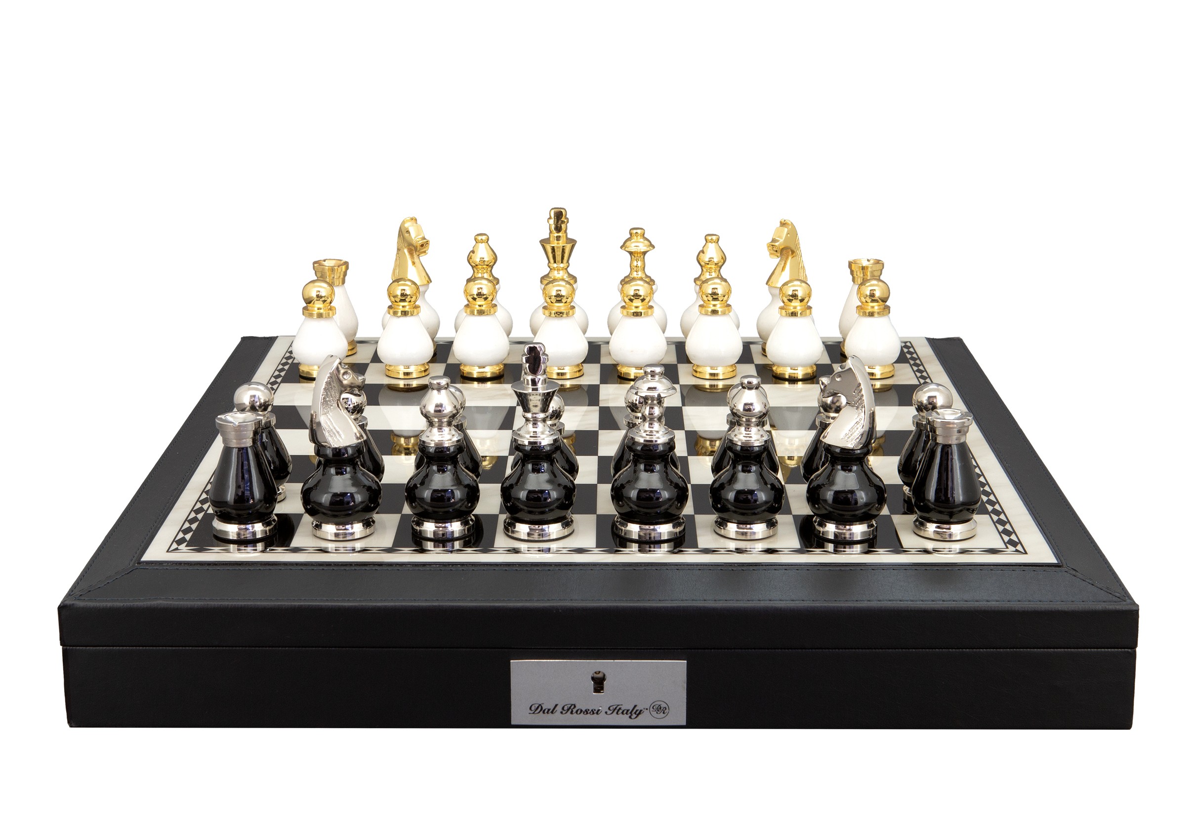 Dal Rossi Italy, Black and White with Gold and Silver Tops and Bottoms Chessmen 90mm on a Black PU Leather Bevelled Edge chess box with compartments 18"