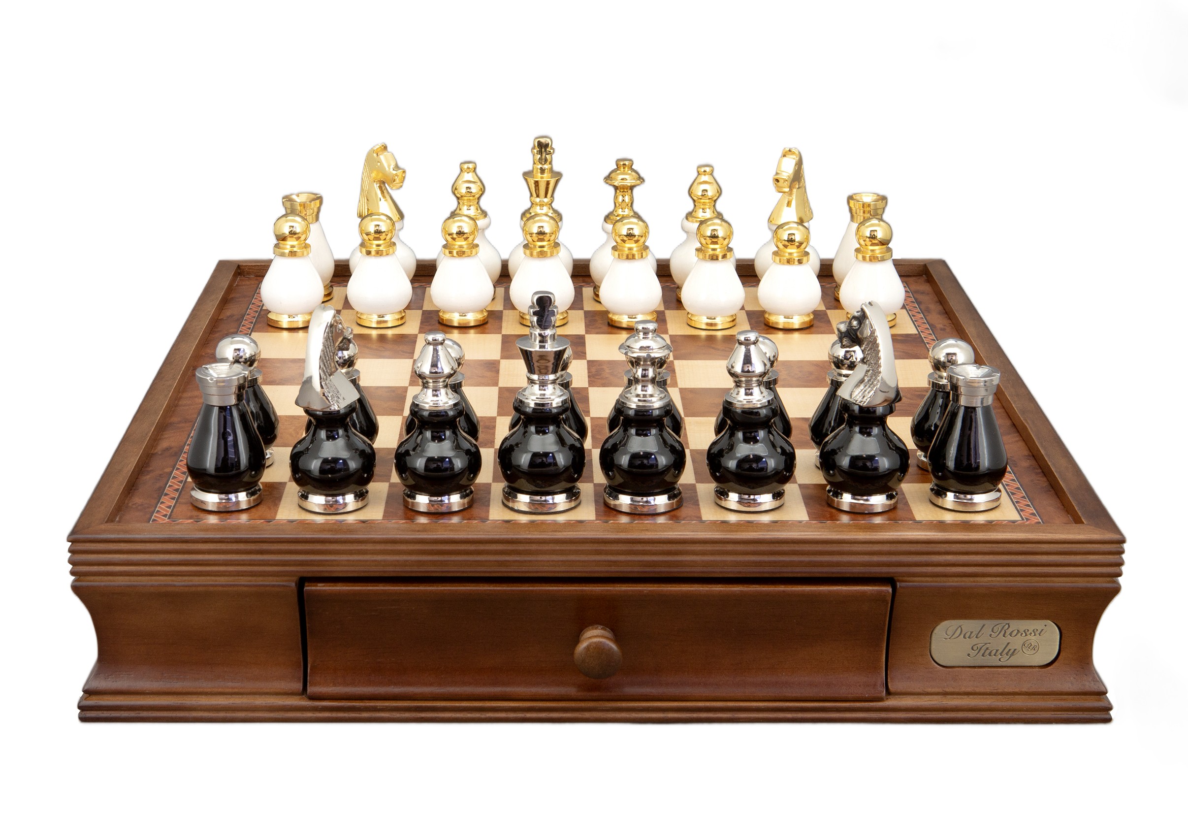 Dal Rossi Italy, Black and White with Gold and Silver Tops and Bottoms Chessmen 90mm on a Walnut Chess Box with Drawers 16"
