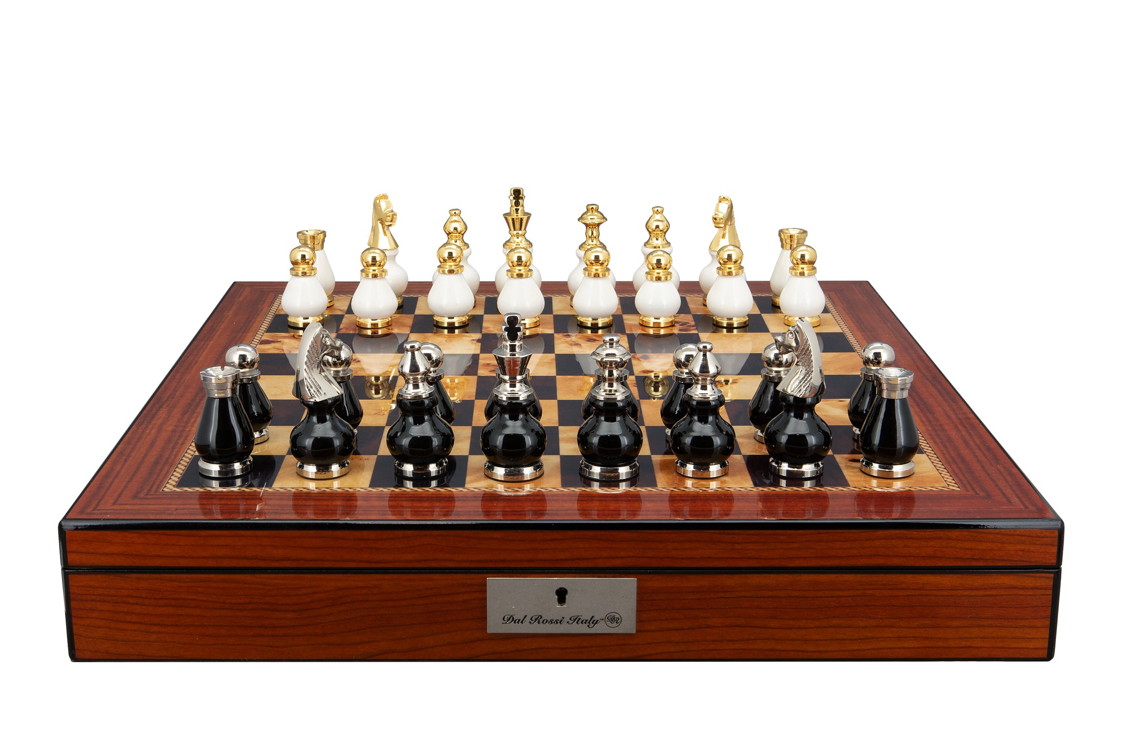 Dal Rossi Italy, Black and White with Gold and Silver Tops and Bottoms Chessmen 90mm on a Walnut Finish Shiny Chess Box with Compartments 20"