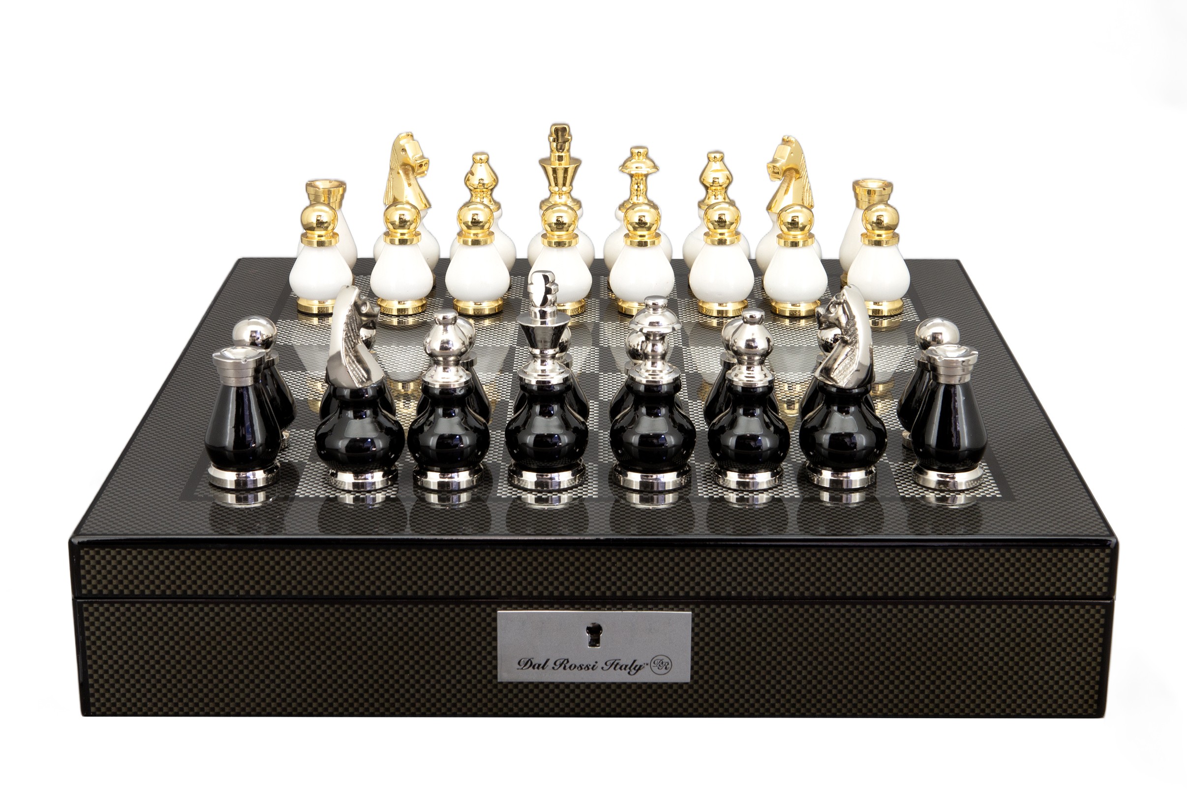 Dal Rossi Italy, Black and White with Gold and Silver Tops and Bottoms Chessmen 90mm on a Carbon Fibre Finish Shiny Chess Box with Compartments 16"