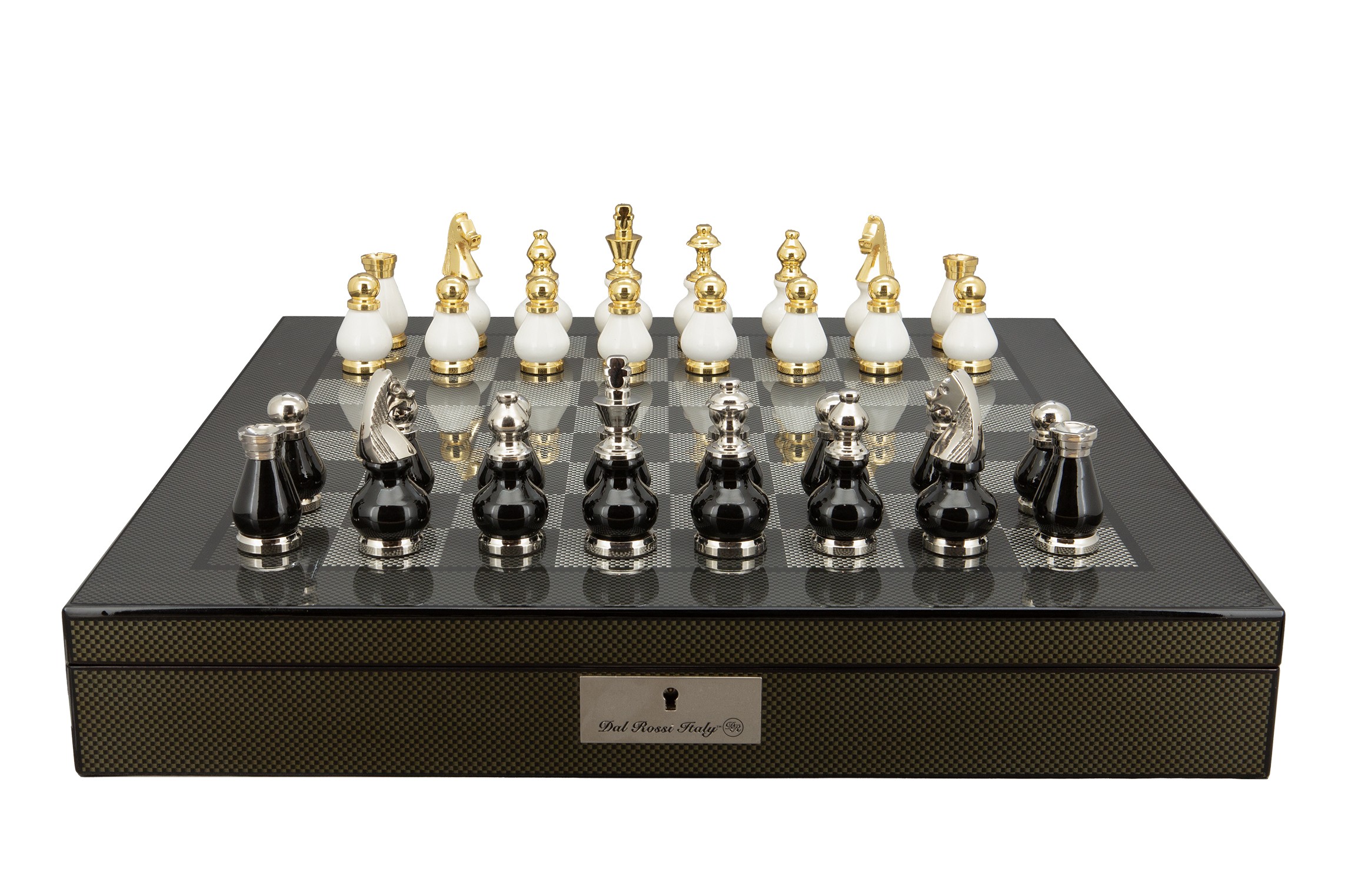 Dal Rossi Italy, Black and White with Gold and Silver Tops and Bottoms Chessmen 90mm on a Carbon Fibre Finish Shiny Chess Box with Compartments 20"